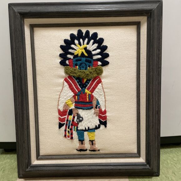 Vintage Native American Indian Kachina Crewel Embroidered Art Framed Finished - Picture 1 of 9